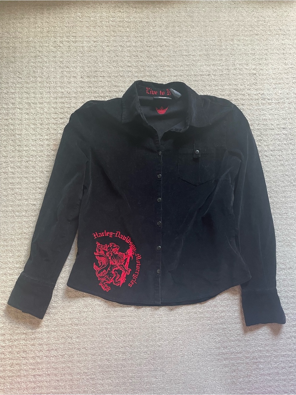 Harley-Davidson Black Velvet Button-Up Jacket with Red Embroidery